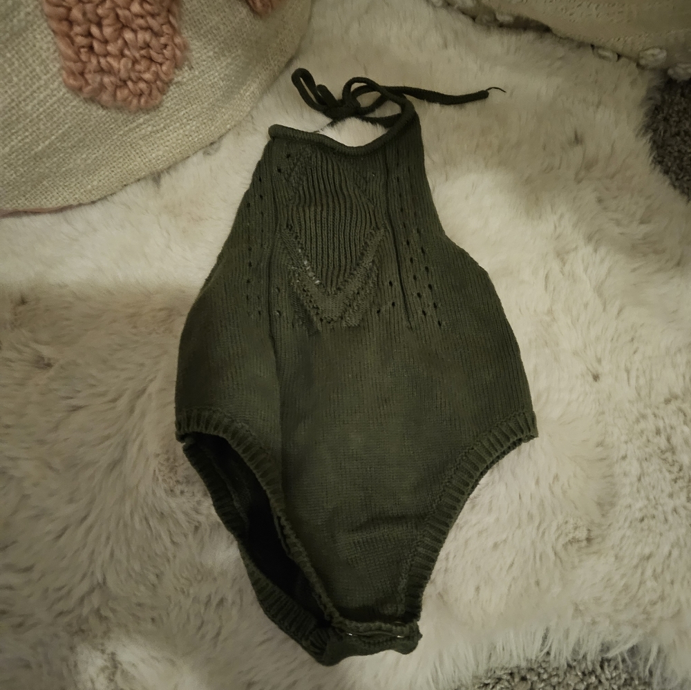 So cute! Bailey's Blossom forest green crochet onsie